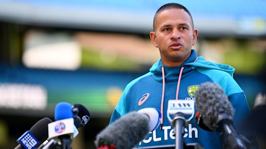 Usman Khawaja spoke at the MCG on Friday, after being charged with breaching ICC regulations.