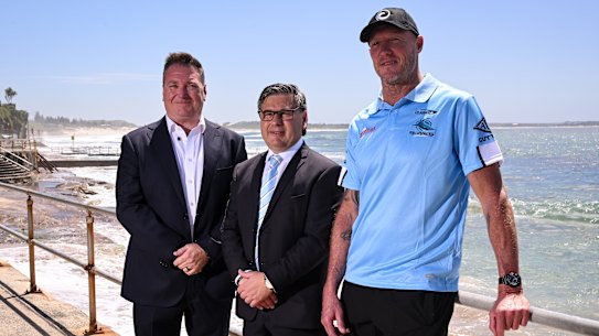 Cronulla coach Craig Fitzgibbon with CEO Dino Mezzatesta and Ocean Protect CEO Michael Wicks (left)