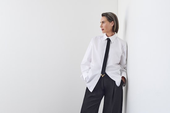 Valentino shirt, POA, and tie, $690. St Agni trousers, $449. Claudie Pierlot 
loafers, $610, from David Jones.