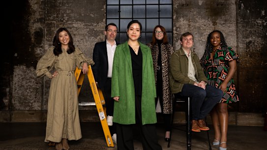 Young art collectors Beverley Ng and Ash Hopper, Claire Le Vis, Lindsay Clement-Meehan, Tom Eager and Livoi Wendo at Carriageworks ahead of Sydney Contemporary.