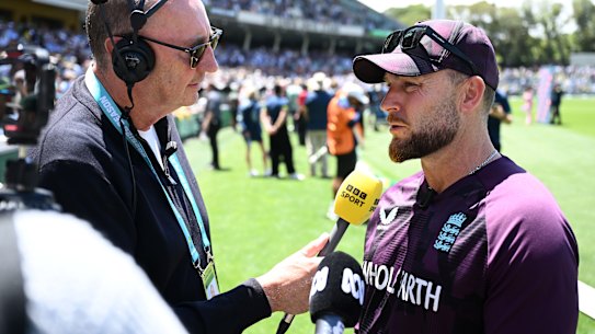 ‘It’s a pretty good gig’: Brendon McCullum in Adelaide after England’s defeat left them 3-0 down in the Ashes.