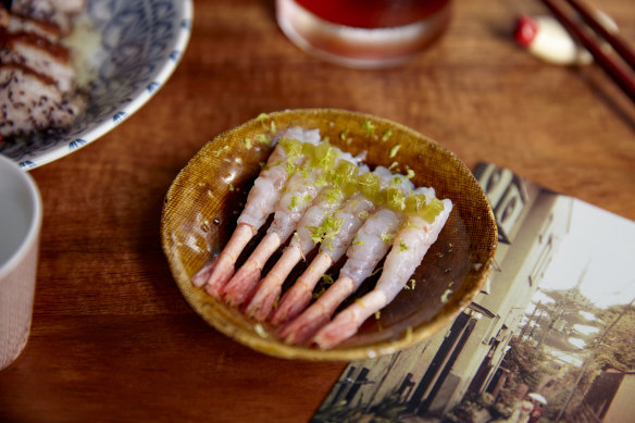 Amuro’s spot prawns with pickled wasabi stem.