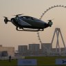 An XPeng X2 electric flying taxi, developed by the Guangzhou-based XPeng Inc’s aviation affiliate, is tested in front of the Marina District in Dubai, United Arab Emirates, in October 2022.