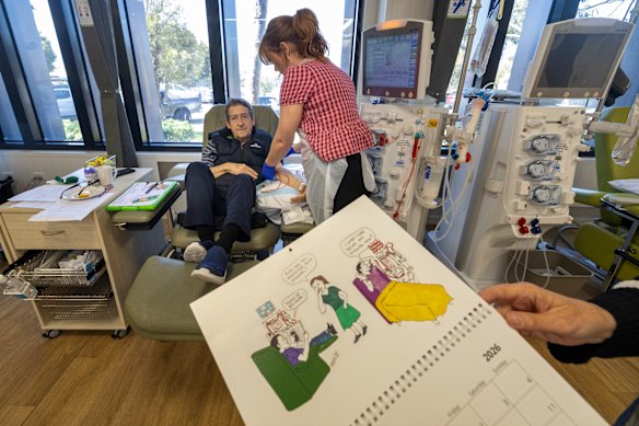 Rob Lymer, who has end-stage kidney disease, has been cheering up fellow patients, visitors and staff while he undergoes dialysis at Barwon Health renal services dialysis centre by drawing cartoons that nurses hang up on the clinic walls. Pictured with renal nurse Lucy Stevens.