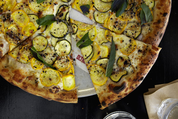 Zucchini Lamborghini pizza with ricotta, mint and everything bagel crumbs. 