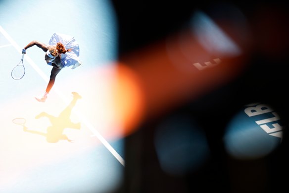 Coco Gauff of the United States serves against Olga Danilovic of Serbia in the Women’s Singles Second Round during day four of the 2026 Australian Open at Melbourne Park on January 21, 2026 in Melbourne, Australia. 