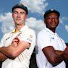 Pat Cummins of Australia and Kagiso Rabada of South Africa pose for a photo ahead of the 2022 series in Australia.