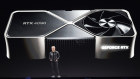 Nvidia founder and CEO Jensen Huang launching a new graphics card that uses AI for most of its rendering, saving cost.