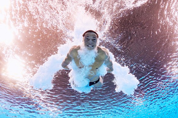 Jordan Christopher Houlden of Team GB competes in the men’s 3m springboard final.