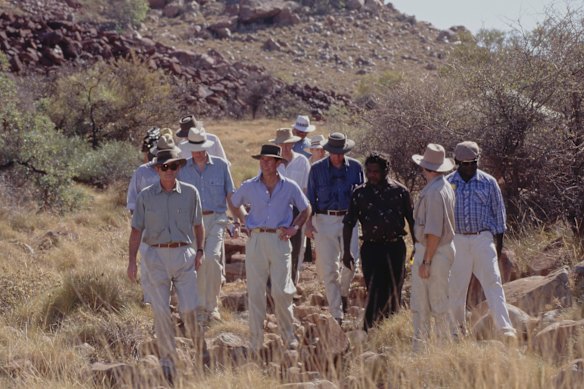 Prince Charles was led by the late David Daniel (third from right) through the Burrup Peninsula near Karratha in 1994. Photo used with the permission of the Daniel family.
