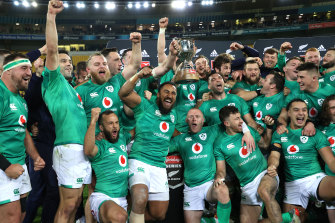 Ireland celebrate after winning their three-Test series against the All Blacks with victory in Wellington.