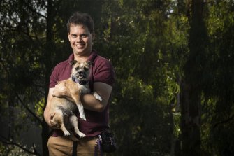 South Yarra-based Zac Gross and wife Monique spend one or two days at home with their staffy terrier cross Poppy.
