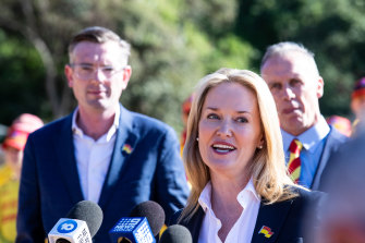 NSW Sports Minister Natalie Ward addressing the media with NSW Treasurer Dominic Perrottet (left). 