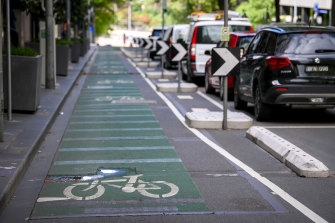 Separated bike lanes on Exhibition Street in the CBD. The City of Melbourne is installing 40km of bike lanes. 