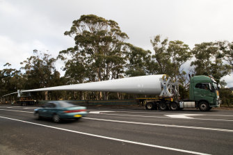 A truck carrying a giant blade for a new wind turbine bound for western NSW, in June 2020.