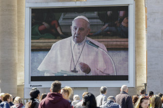 Pope Francis delivered the Angelus prayer via a giant screen in a busy St Peter's Square on Sunday.