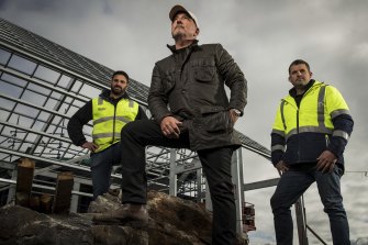 The Block executive producer Julian Cress (centre) with Nine in Six builders, Andrew Simmons and Aidan O’Shannessy in Gisborne South.