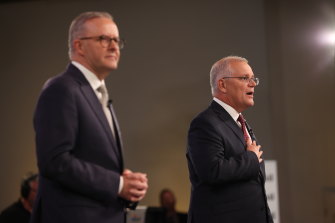 Opposition Leader Anthony Albanese and Prime Minister Scott Morrison during the leaders’ debate on Wednesday.