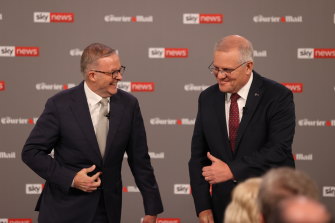 Fighting words? Anthony Albanese and Scott Morrison during their first election debate.
