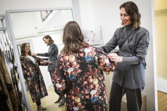 Personal stylist Sally Mackinnon makes the fitting room fun for journalist Hanna Mills Turbet at Melbourne boutique Alpha60.