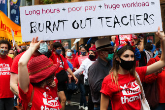 Teachers protesting in Sydney today over pay and an overwhelming workload.