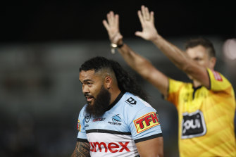 Siosifa Talakai of the Sharks is sent to the sin bin during the round seven NRL match between the Cronulla Sharks and the Canterbury Bulldogs.
