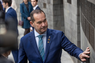 Glen Humphris’ partner Todd Robinson at the police memorial on St Kilda Road. 