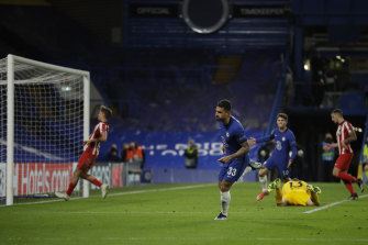 Emerson Palmieri celebrates scoring Chelsea’s second goal at Stamford Bridge.