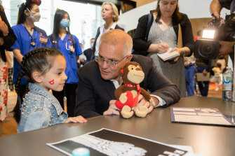 Prime Minister Scott Morrison meets Olivia Peluso, 6, at Melbourne’s Royal Childrens Hospital appeal last month.
