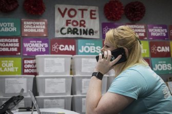 Early childhood worker Liz Watterson on the phone at Labor’s East Burwood campaign office for candidate Carina Garland.