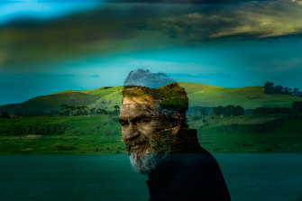 John Clarke at Lake Keilambete, with Mount Noorat in the background. 