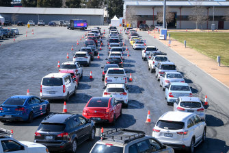 Queues were lengthy for day-13 testing in Shepparton on Thursday. 