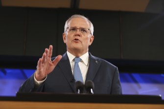 Prime Minister Scott Morrison at the National Press Club yesterday.