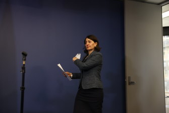 Gladys Berejiklian at the press conference in Martin Place, Sydney on Friday. 