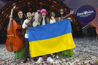 Kalush Orchestra from Ukraine celebrating after winning Eurovision 2022 in May.