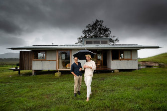 Alejo de Achaval and Krinklewood Winery owner, Oscar Martin, with the prefab kit home that is nominated for awards for design and sustainability, in the Hunter Valley, NSW.