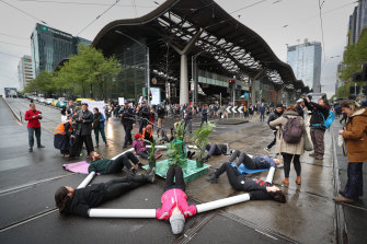 In October 2019, Extinction Rebellion protesters locked themselves together using plastic pipes to block the junction of Spencer and Collins streets.