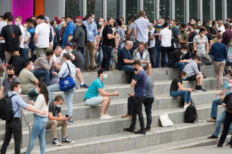 People gather for hotel quarantine training at Melbourne Convention Centre.