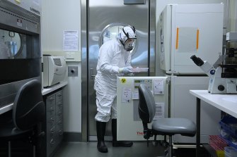 Virologist Professor Stuart Turville carrying a COVID-19 Omicron variant sample at St Vincent’s Centre for Applied Medical Research in Sydney.