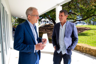 Federal Communications and Infrastructure Minister Paul Fletcher with former NSW Premier Mike Baird at a campaign launch.