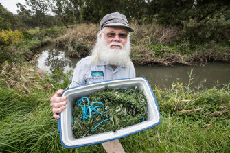 Neil Blake, Port Phillip Baykeeper, collects pieces of artificial turf near the Darebin Creek. The scraps blew in from nearby sporting fields. 