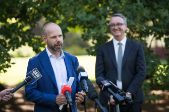 Victoria’s COVID-19 response commander Jeroen Weimar and Health Minister Martin Foley.