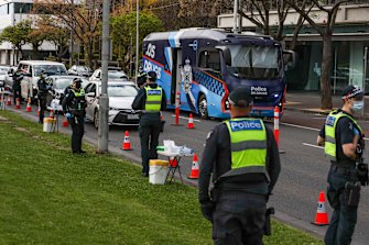 A police checkpoint set up for drivers entering the Melbourne CBD on Saturday morning. 