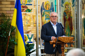 Scott Morrison attending a vigil for Ukraine at St Andrews Ukrainian Church.