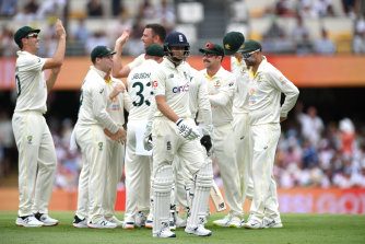 Joe Root trudges off after being dismissed for a duck on day one at the Gabba.
