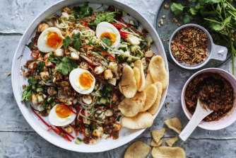 Thai prawn and green mango salad with prawn crackers and soft egg.