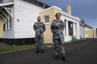 Warrant Officer of the Navy Deb Butterworth and Lieutenant Matthew Dodds wearing the new uniform at HMAS Cresswell, Jervis Bay.