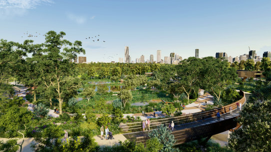 An artist’s impression of how Victoria Park in Brisbane might look when transformed into Barrambin.