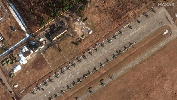Su-25 ground attack aircraft (total of 32), helicopters, an S-400 air defence unit, ground force equipment and a UAV/drone unit are seen at Luninets airfield  approximately 50 kilometres north of the border with Ukraine. on Friday.