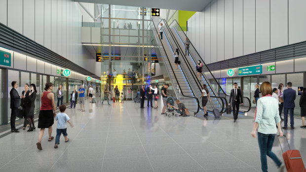 An artist's impression of one of the six stations to be built on the metro rail line to Western Sydney Airport.